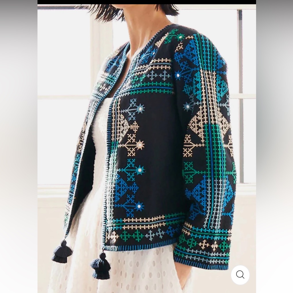 Figue Designer Harrison Jacket In Midnight Navy Embroidered Tassels Woman's S